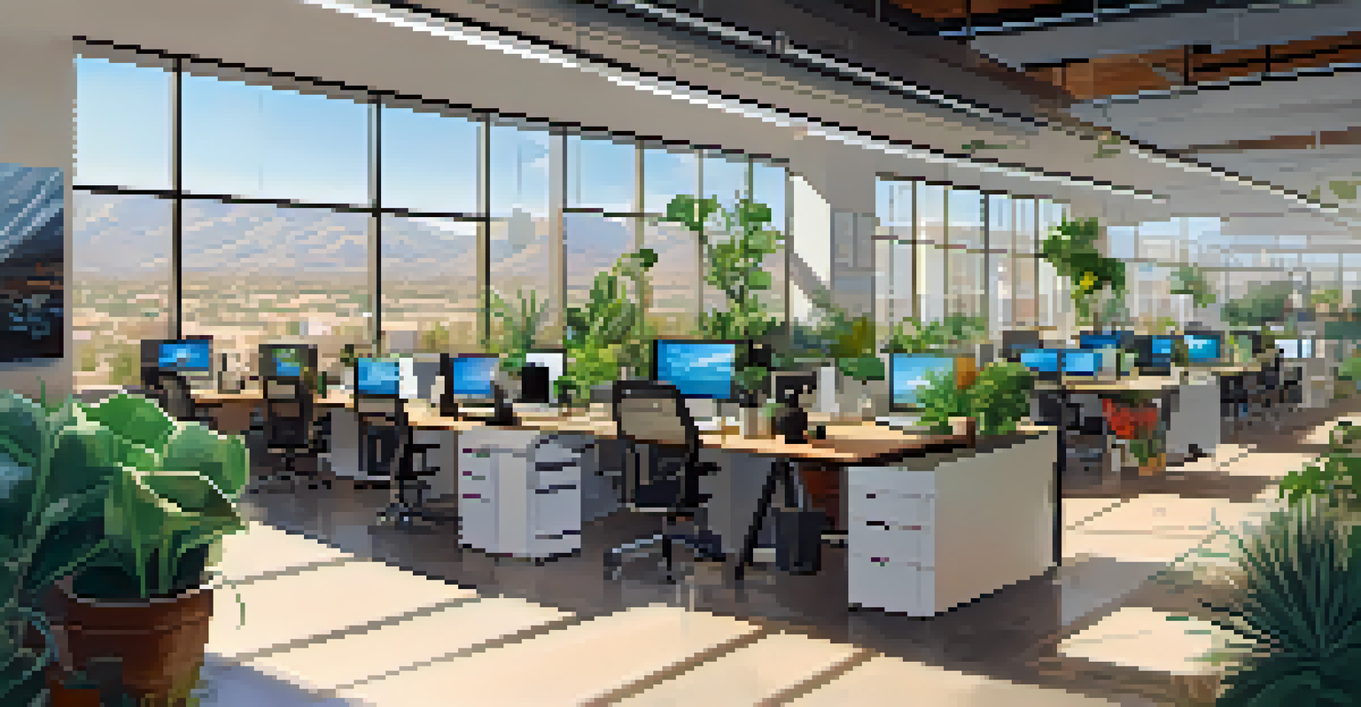 A modern workspace with diverse professionals working together on laptops in a bright, tech-filled environment.