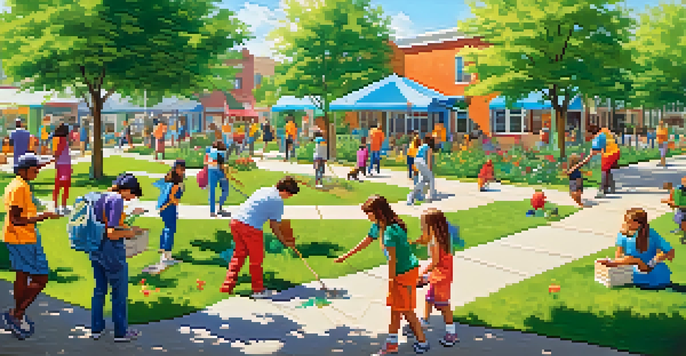 A community park scene with young volunteers planting flowers and painting a mural, showcasing teamwork and joy.