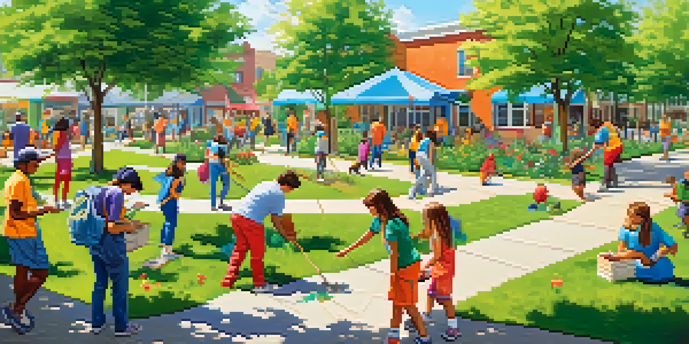 A community park scene with young volunteers planting flowers and painting a mural, showcasing teamwork and joy.