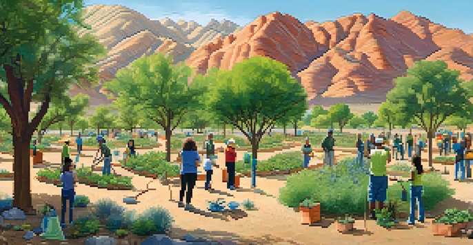 A diverse group of people participating in a tree planting event in a sunny park, surrounded by young green saplings and a desert landscape.
