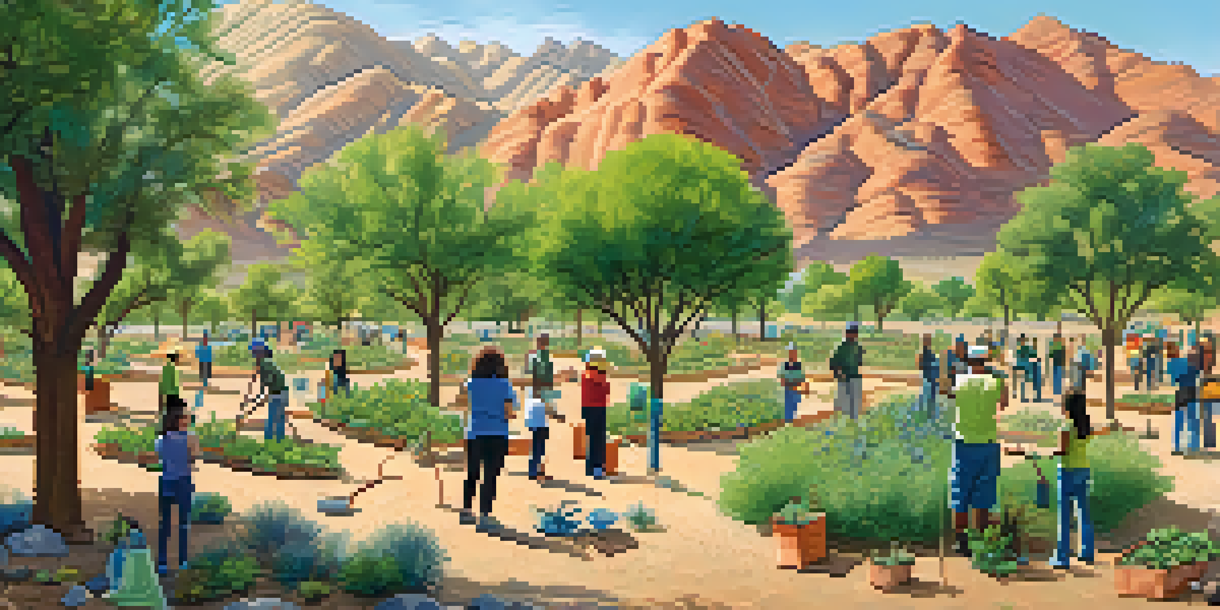 A diverse group of people participating in a tree planting event in a sunny park, surrounded by young green saplings and a desert landscape.