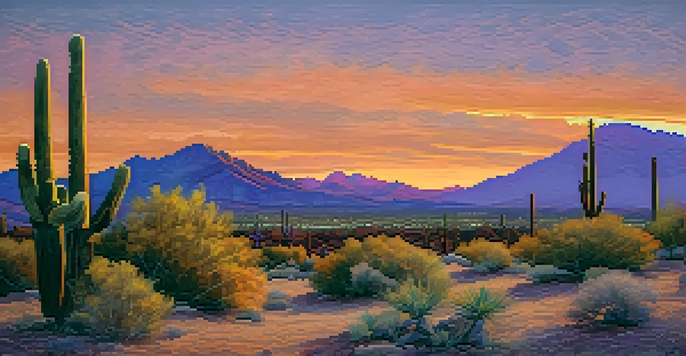 A sunset view over Tucson's clay landscape with colorful sky and mountains in the background.