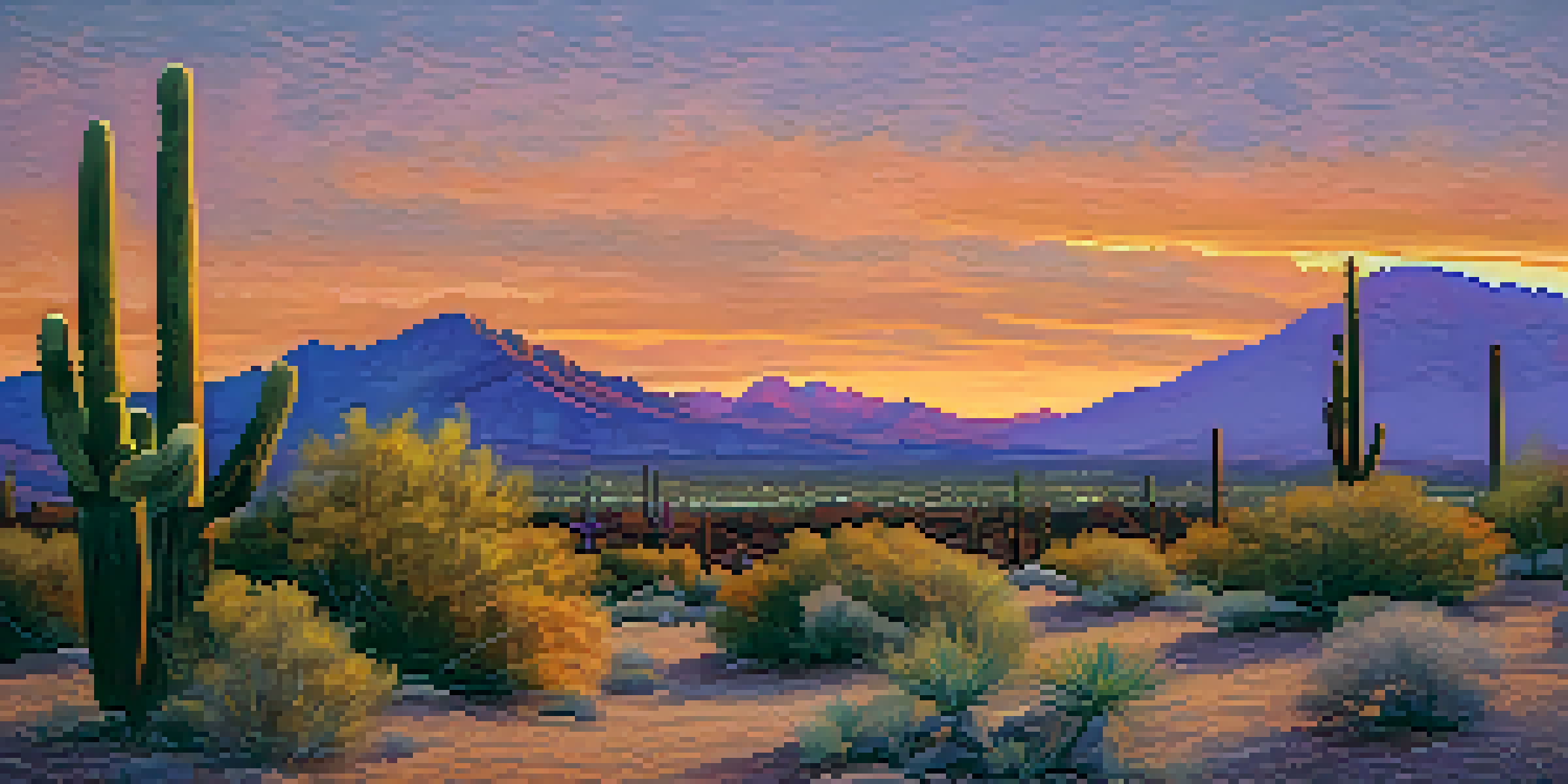 A sunset view over Tucson's clay landscape with colorful sky and mountains in the background.