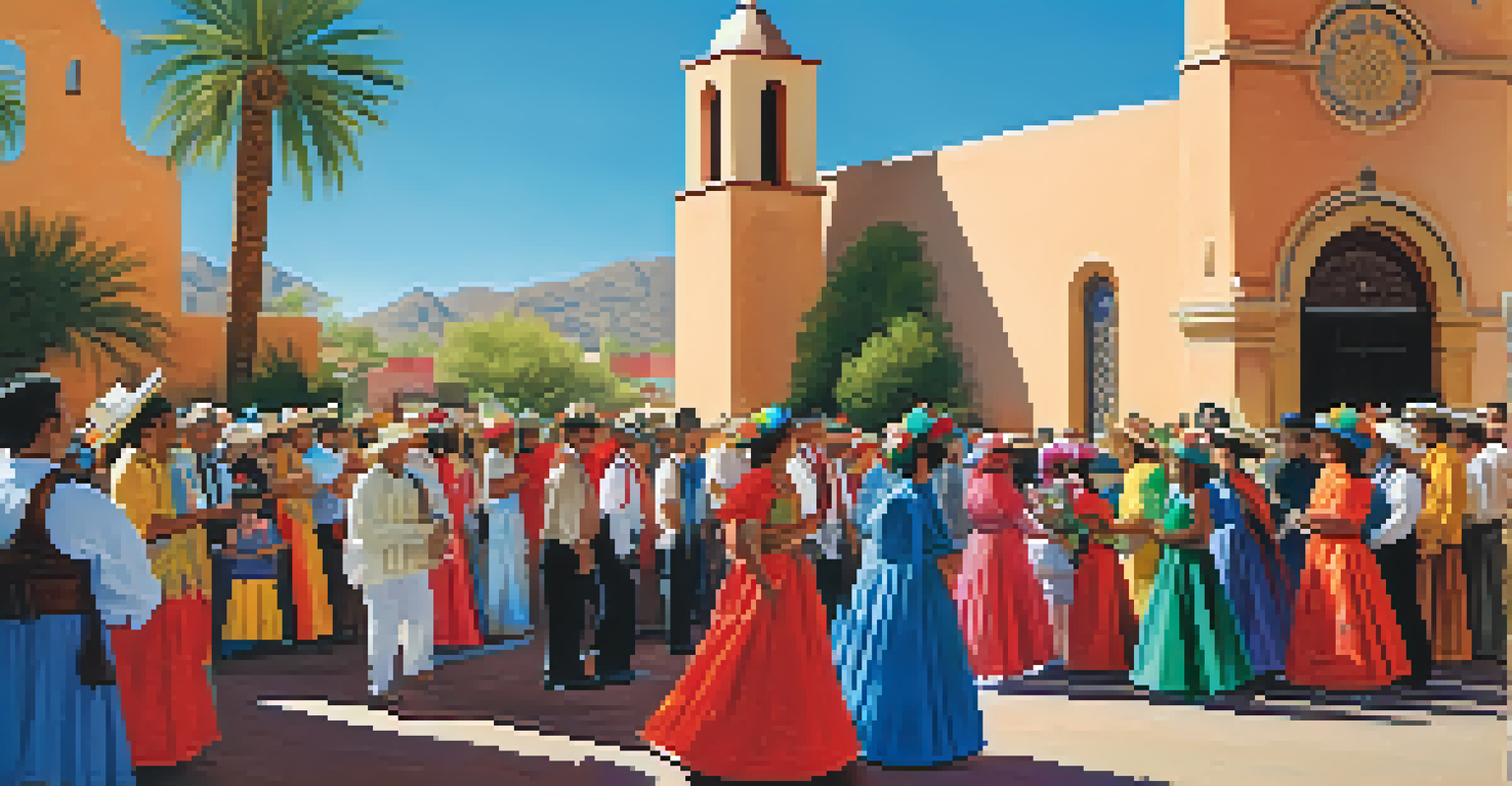 A lively cultural celebration in front of a Tucson church, showcasing traditional costumes, music, and decorations that highlight the community's heritage.