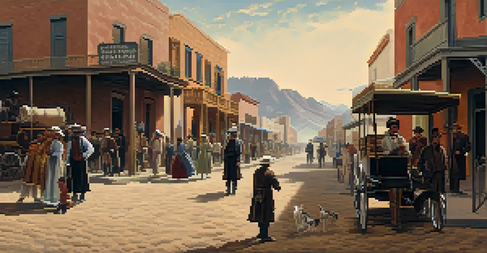 A historical scene showing a 19th-century Tucson street during a smallpox outbreak with people in period clothing and adobe buildings.