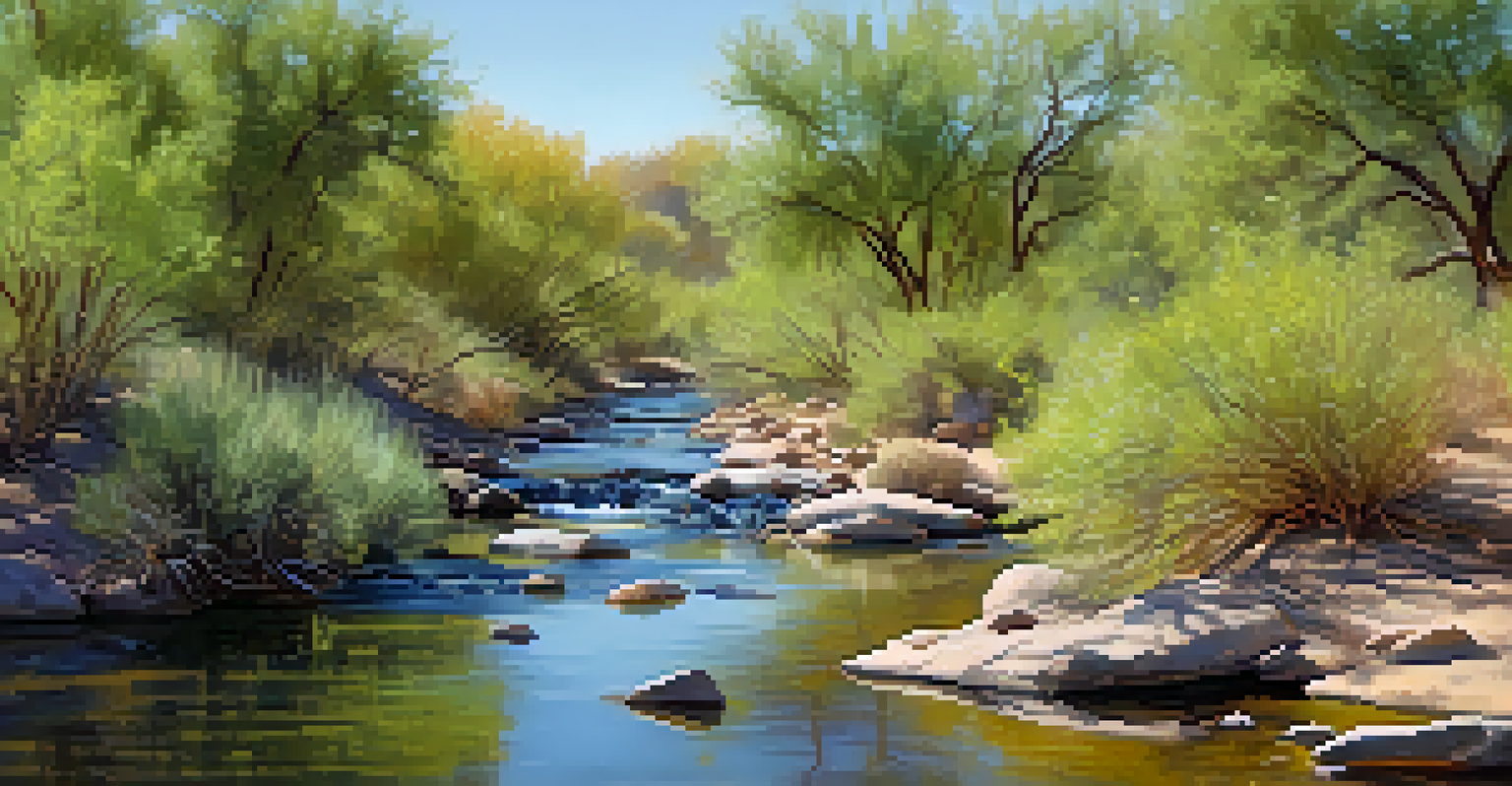 A riparian area in the Sonoran Desert with a flowing stream and lush vegetation, showcasing vibrant colors and wildlife.