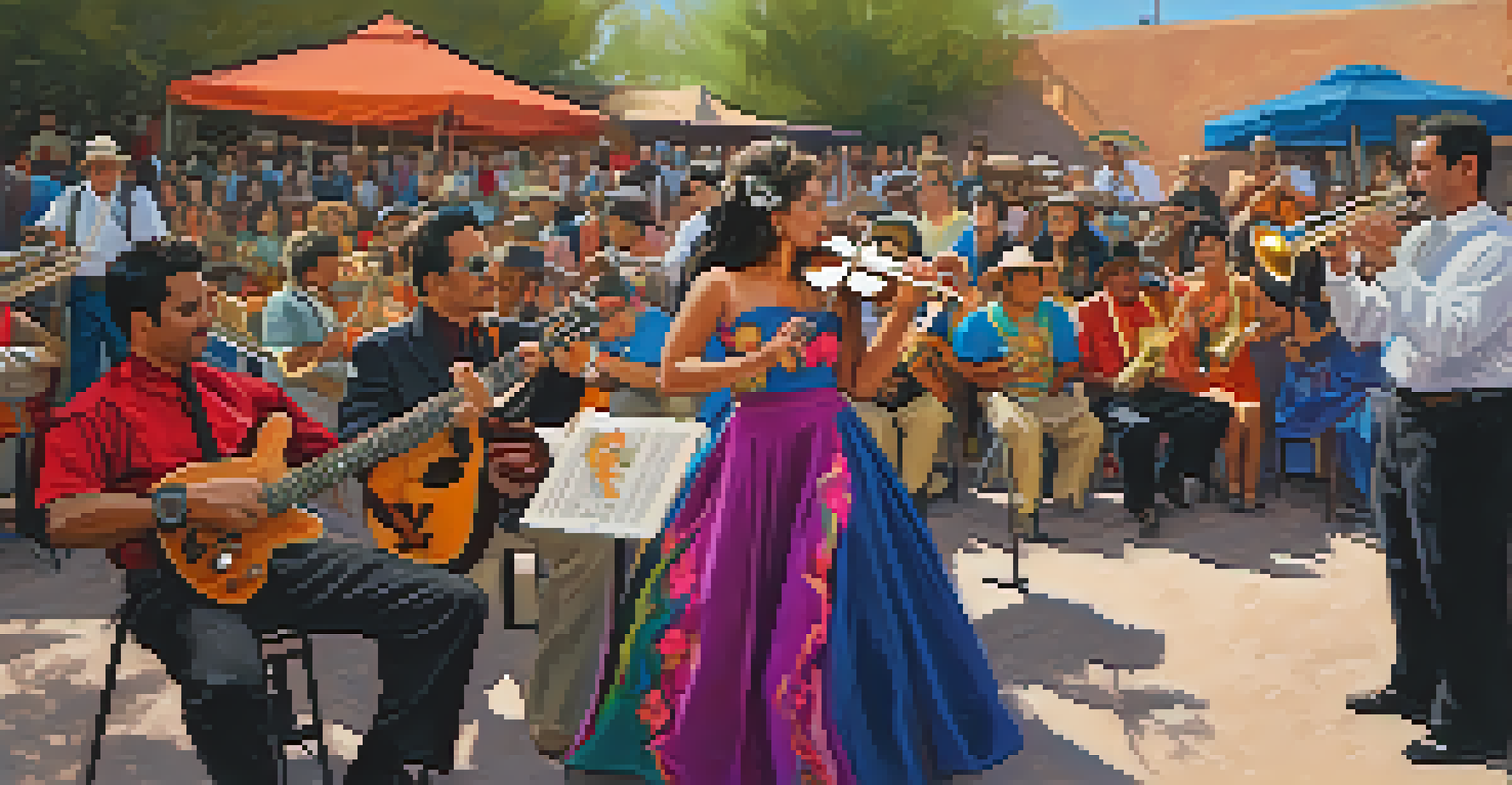 A mariachi band and a jazz musician collaborating on stage at a music festival, showcasing a blend of cultures.