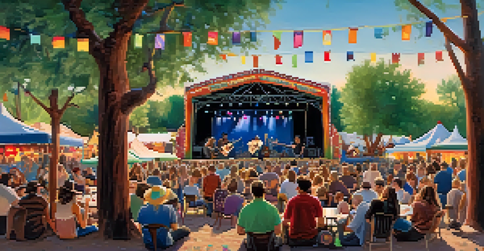 A lively outdoor festival scene with diverse people enjoying music performances, colorful stage decorations, and vendor booths.