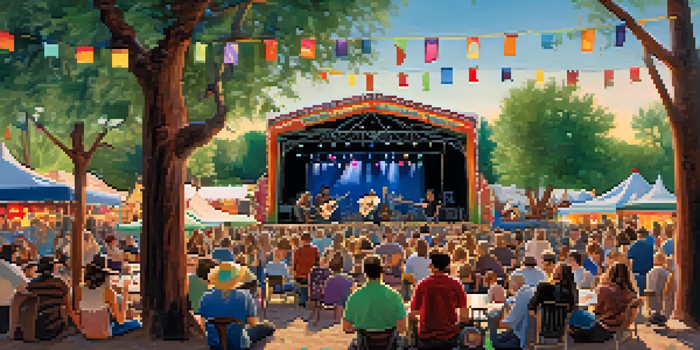 A lively outdoor festival scene with diverse people enjoying music performances, colorful stage decorations, and vendor booths.