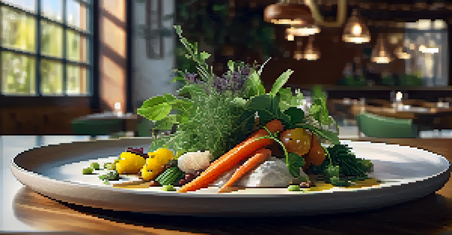 A beautifully plated plant-based dish with vibrant vegetables in a cozy restaurant setting.