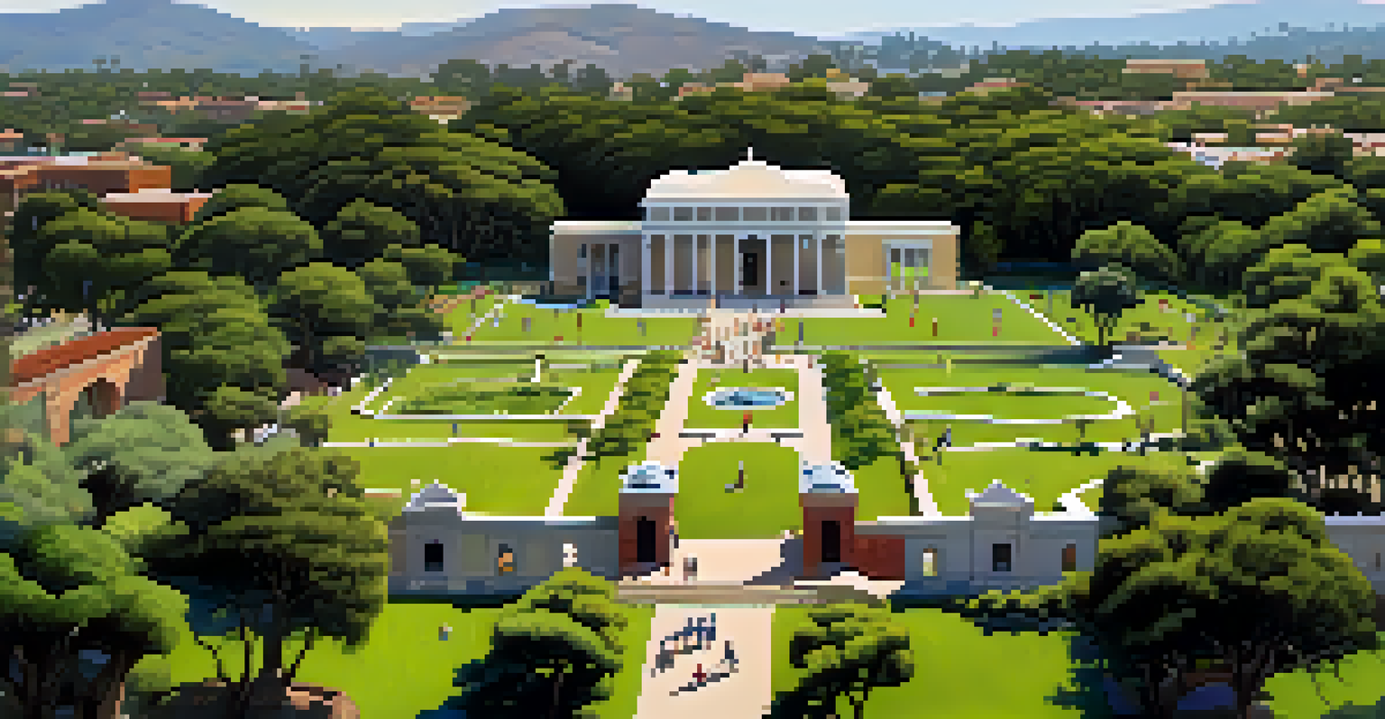 A green park with families enjoying picnics and children playing, surrounded by trees and historic buildings in the background.