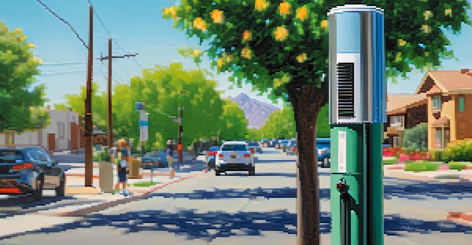 A close-up of an air quality sensor on a pole, surrounded by greenery and flowers in Tucson.