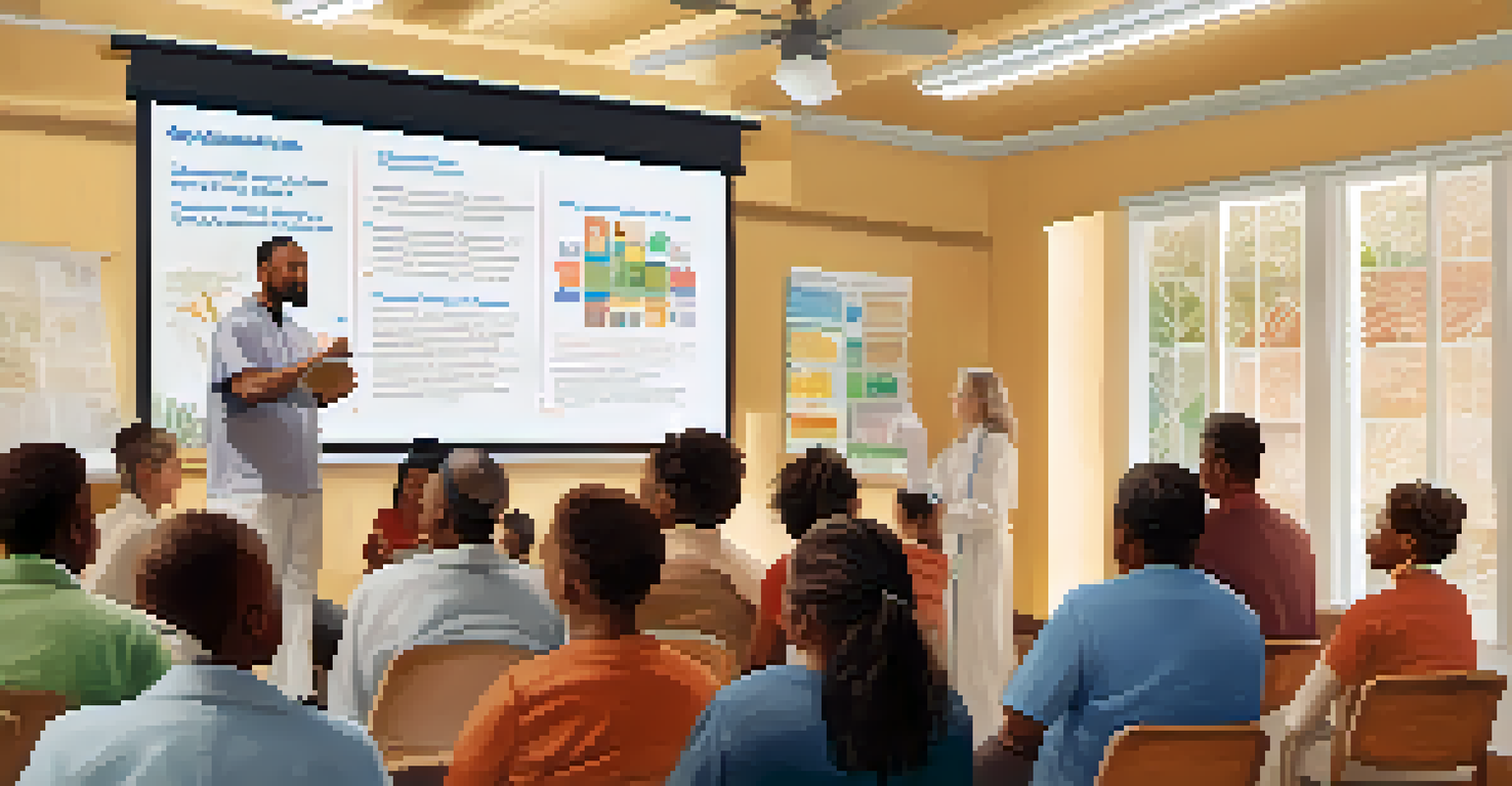 A healthcare provider conducting an educational workshop about vaccines to a group of interested residents in a colorful community center.