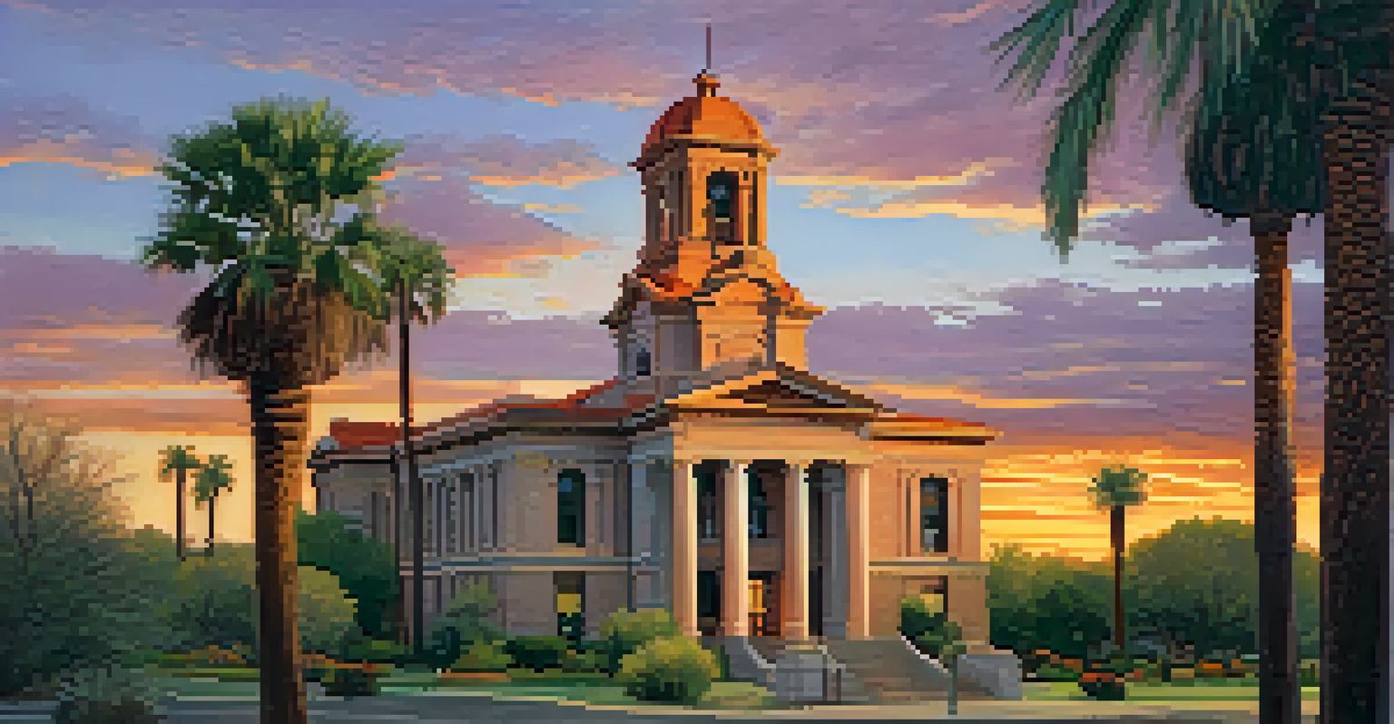 Pima County Courthouse at sunset with vibrant sky and landscaped gardens.