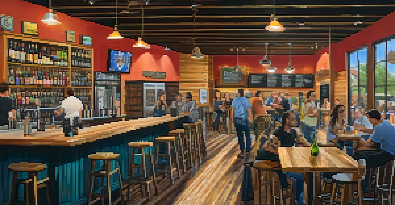 The interior of Tucson Hop Shop showcasing patrons enjoying craft beer, with a bar made of reclaimed wood and eclectic decor.