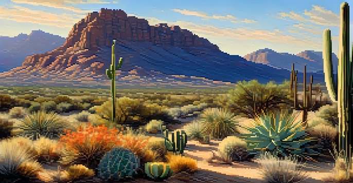 A colorful desert scene in Tucson with native cacti and wildflowers alongside invasive buffelgrass, illuminated by golden sunlight under a blue sky.