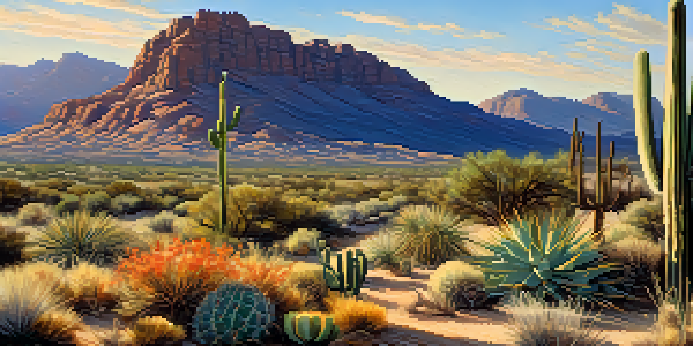 A colorful desert scene in Tucson with native cacti and wildflowers alongside invasive buffelgrass, illuminated by golden sunlight under a blue sky.