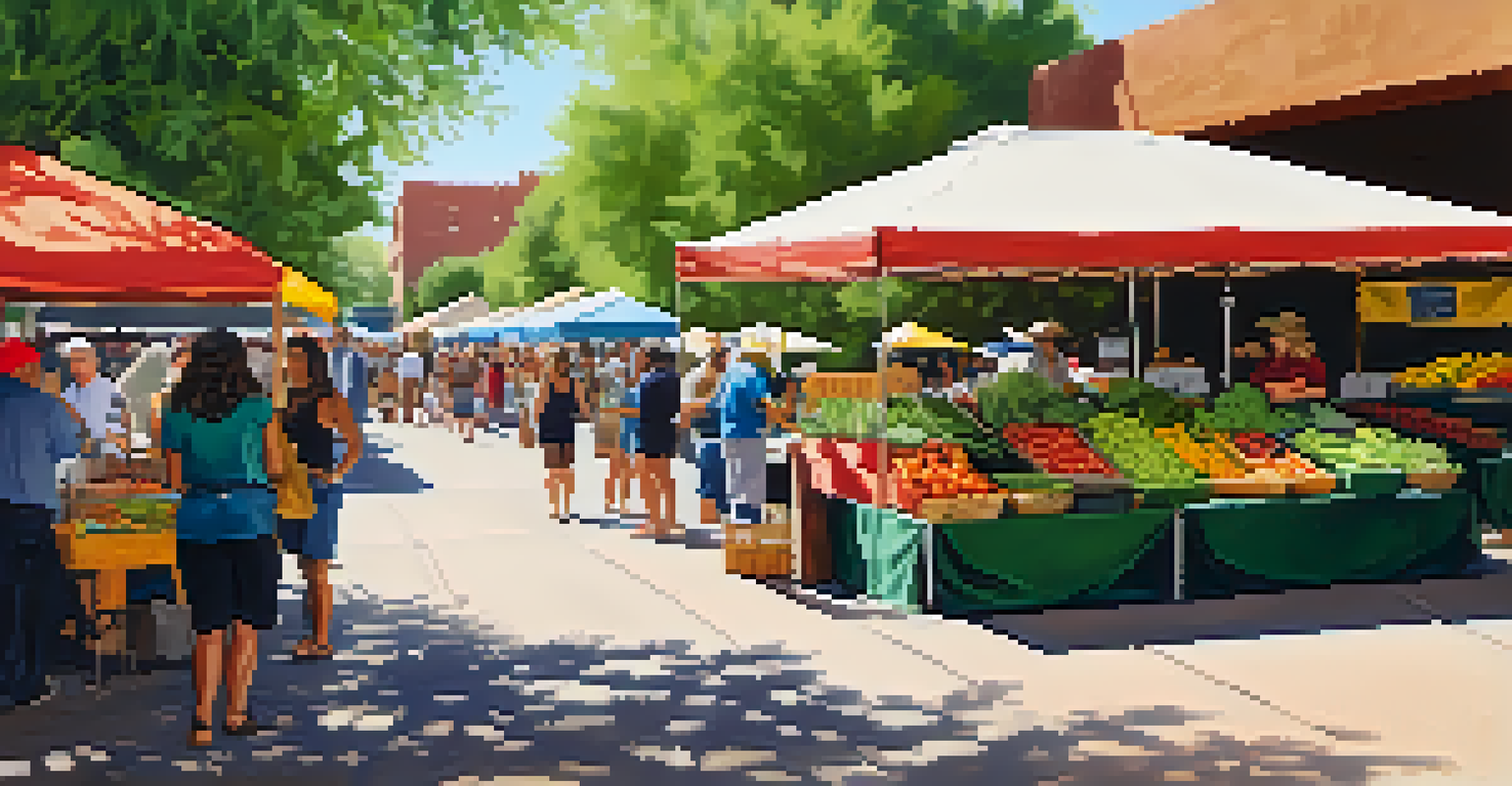 A scenic view of the St. Philip’s Plaza Farmers' Market beside the Rillito River, featuring market stalls, people enjoying brunch, and a lively atmosphere with lush greenery.