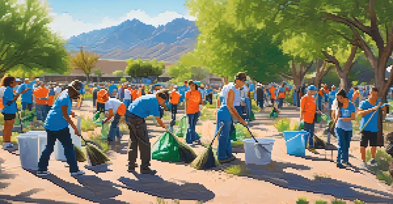A community clean-up event in Tucson with volunteers planting and cleaning in a sunny park.