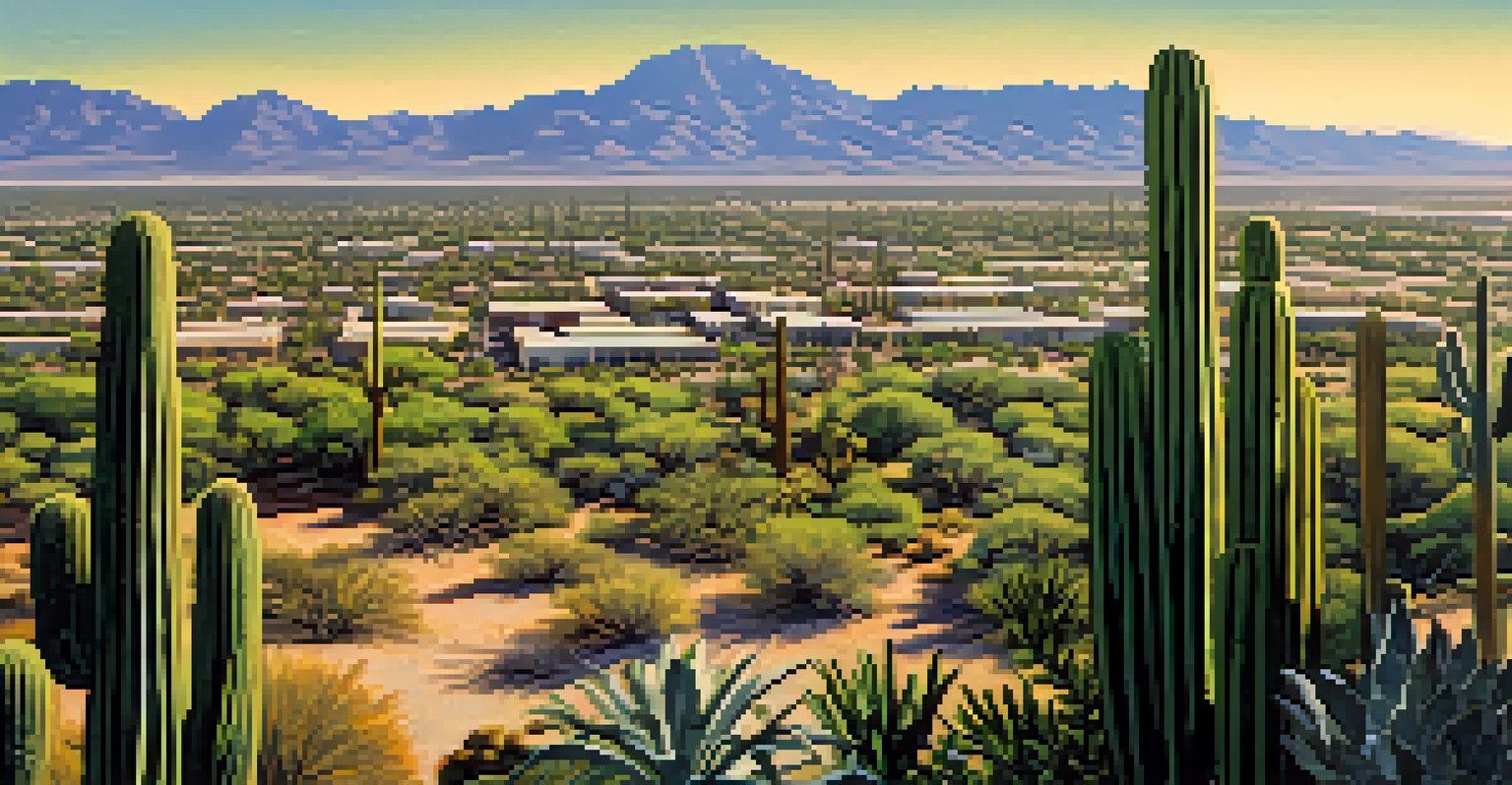 Aerial view of Tucson showing desert flora and urban areas under the sun.