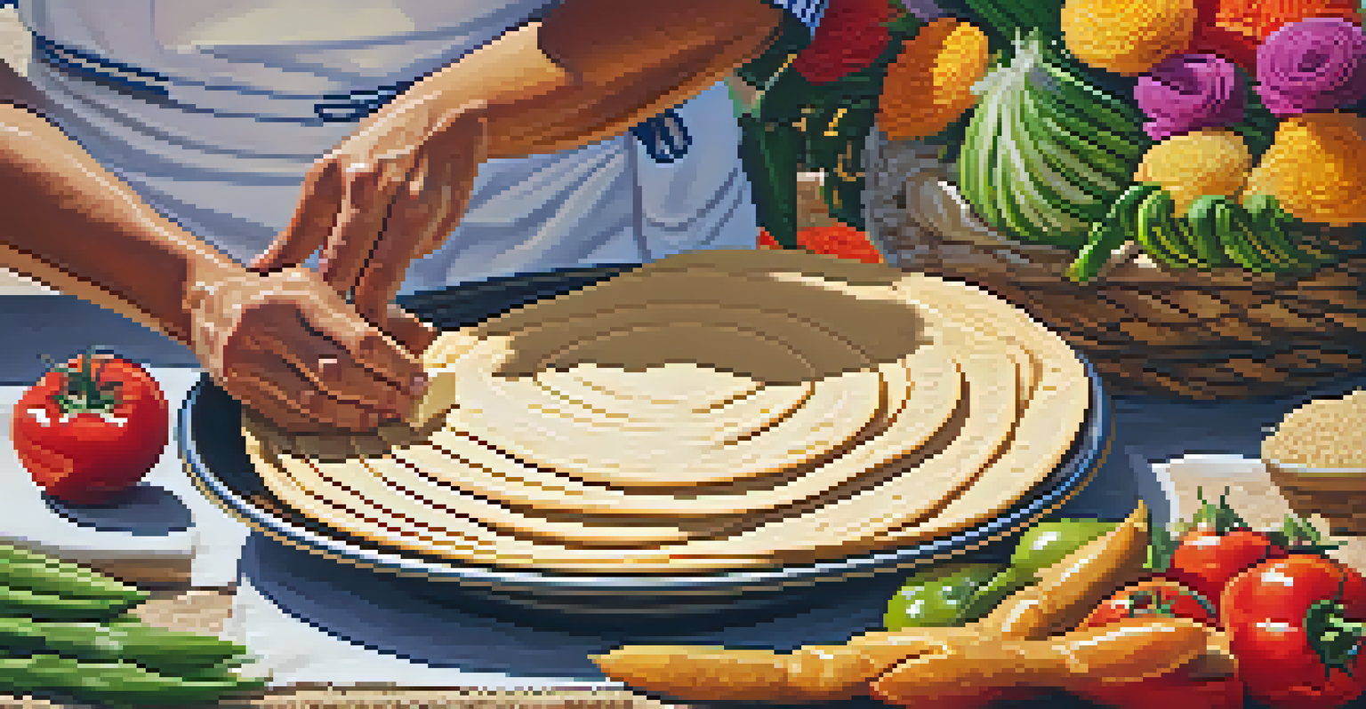 A chef making fresh tortillas with Sonoran wheat at a food festival, showcasing the texture of the dough and fresh ingredients.