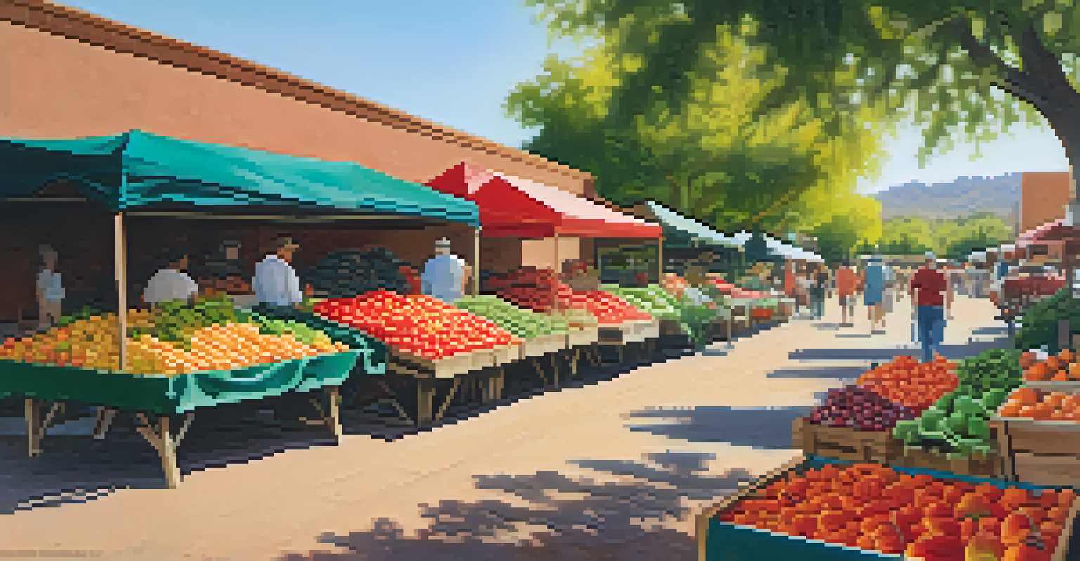A colorful display of summer fruits and vegetables at a farmers' market, with shoppers in a sunny outdoor setting.