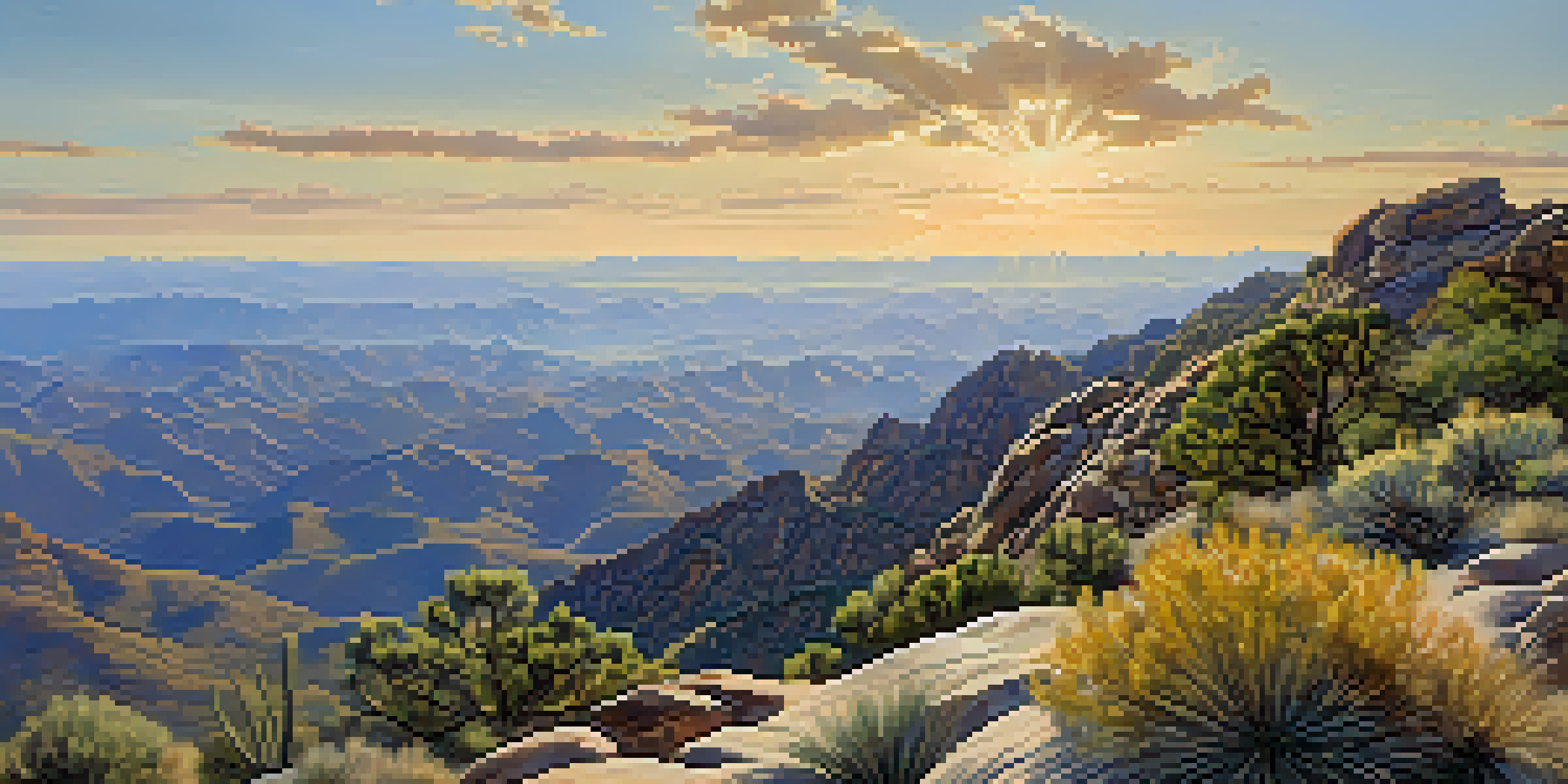 A panoramic view from Mount Lemmon showing rugged mountains and desert plants under golden sunlight.