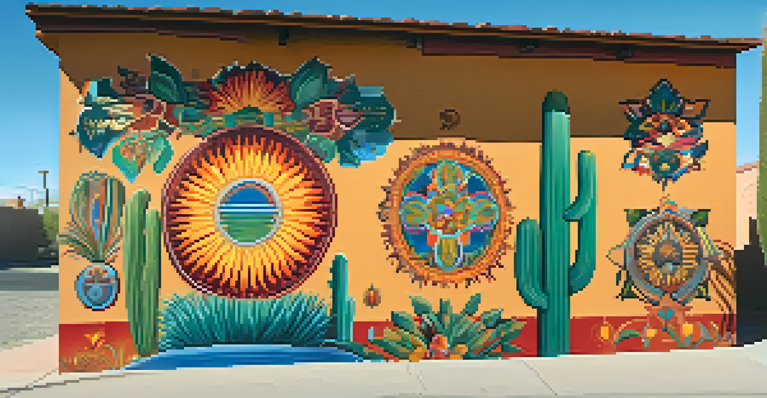 A colorful mural in Tucson that blends traditional and contemporary Mexican art styles, depicting cultural symbols and figures.