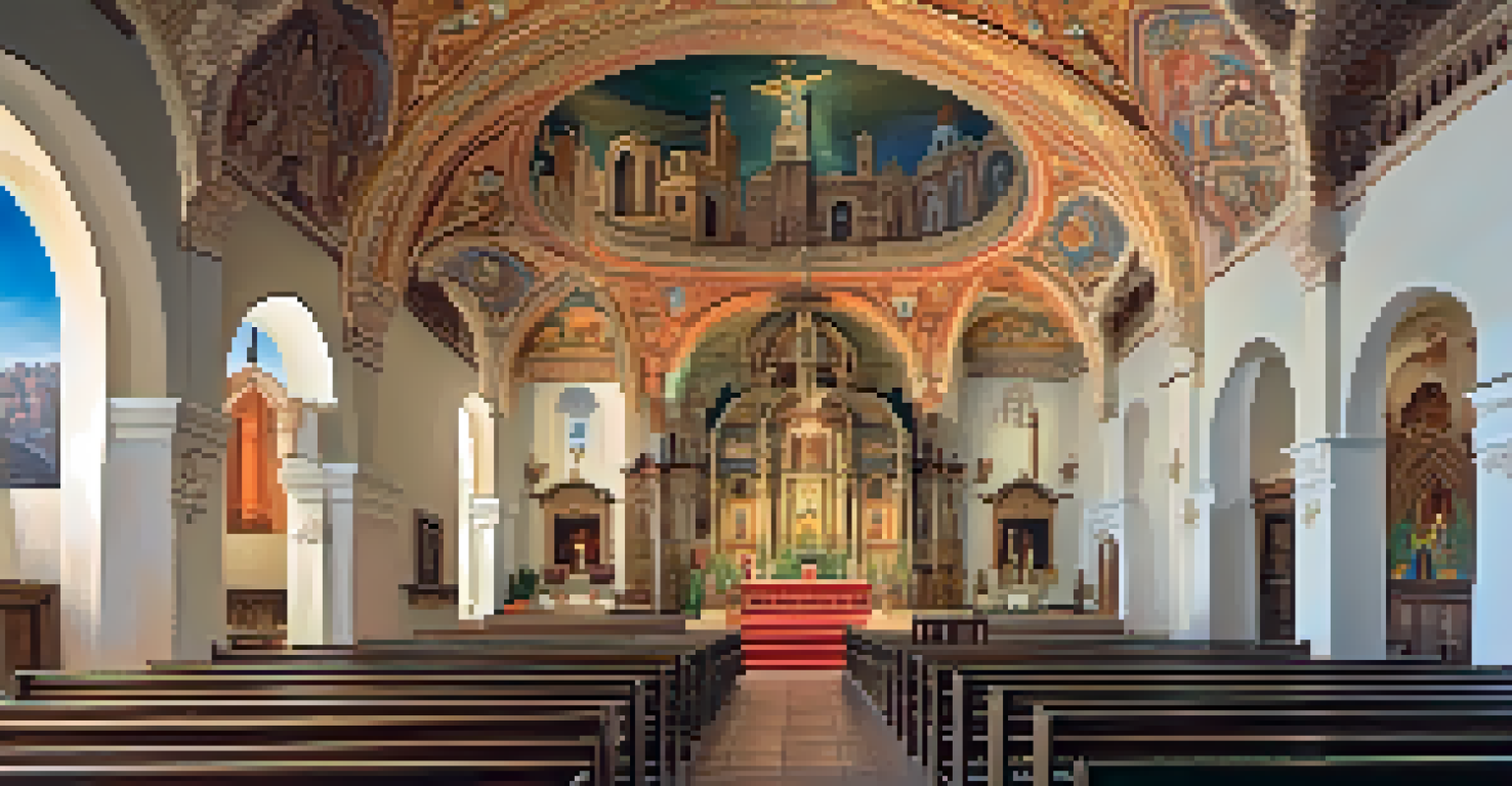 The interior of Mission San Xavier del Bac, showcasing murals and sculptures with warm lighting.