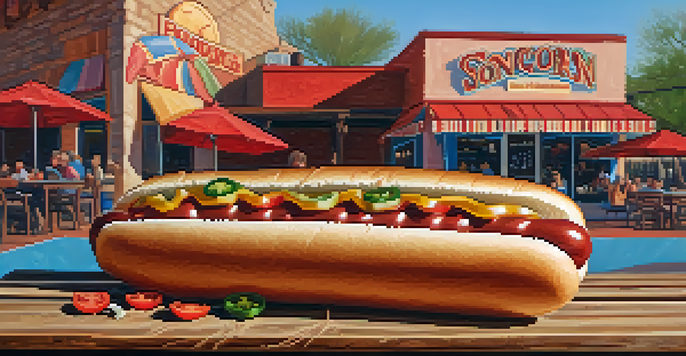 A Sonoran hot dog wrapped in bacon with fresh toppings on a wooden table, set in a sunny outdoor patio.