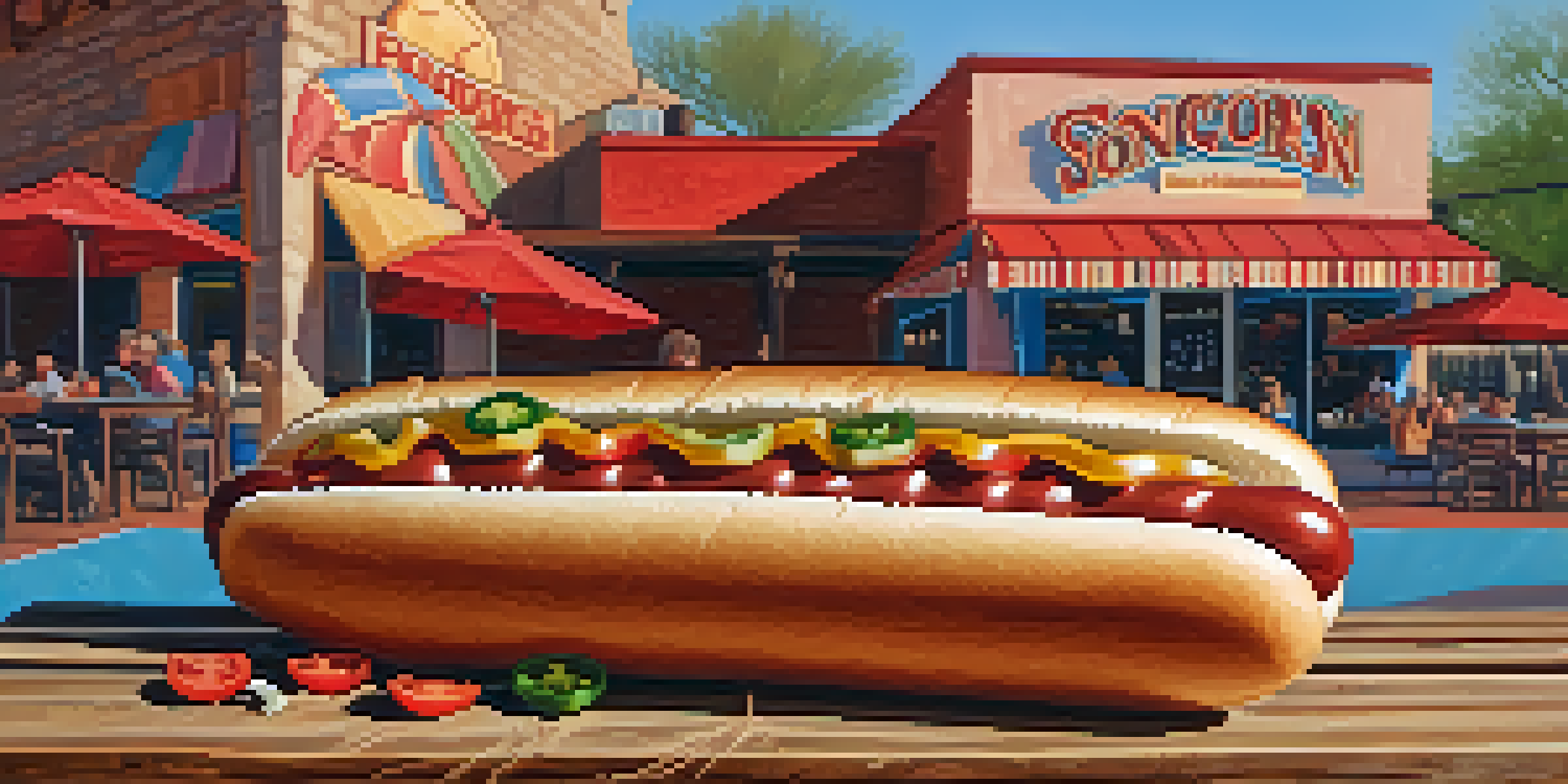 A Sonoran hot dog wrapped in bacon with fresh toppings on a wooden table, set in a sunny outdoor patio.