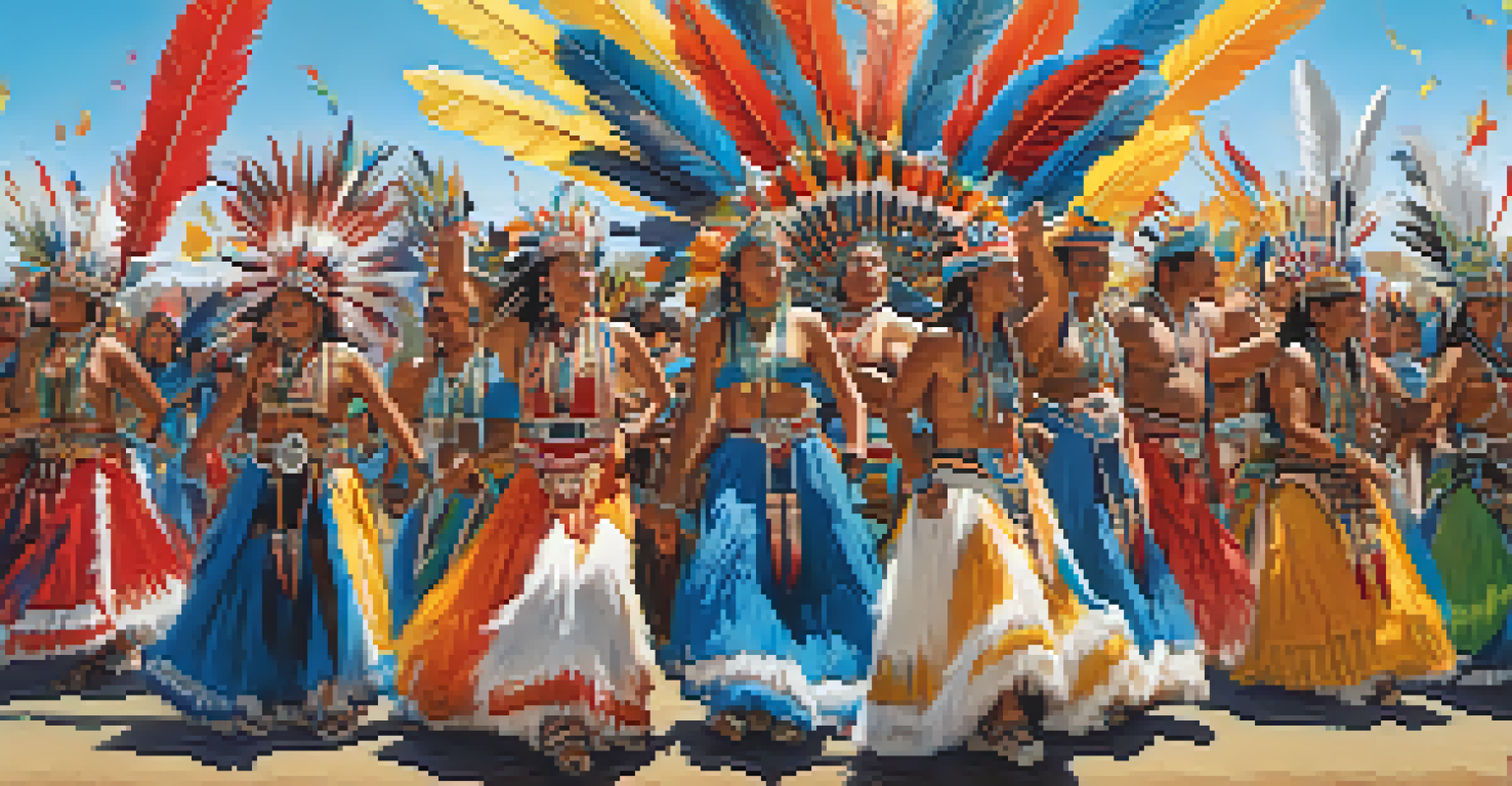 A lively powwow with dancers in traditional attire celebrating Indigenous culture.
