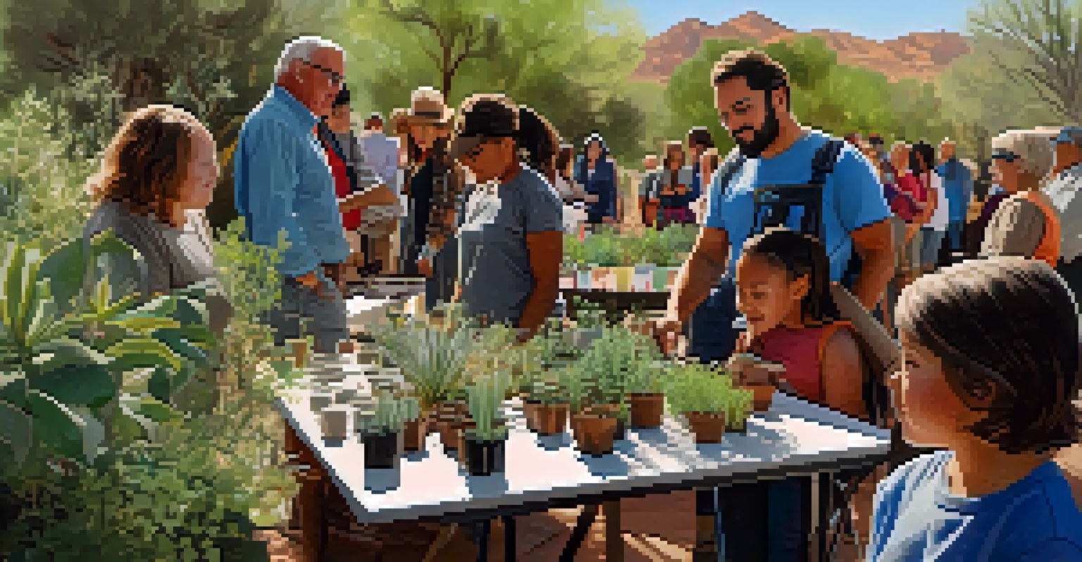 A community workshop at Tucson's botanical gardens, with diverse participants learning about native plant propagation around a table filled with soil and pots.