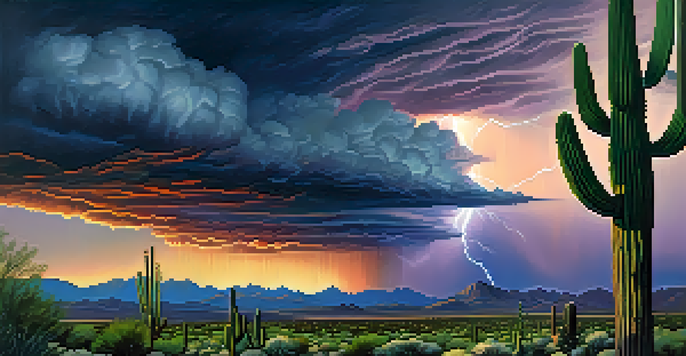 A dramatic Tucson landscape during monsoon season with dark clouds and vibrant plants.