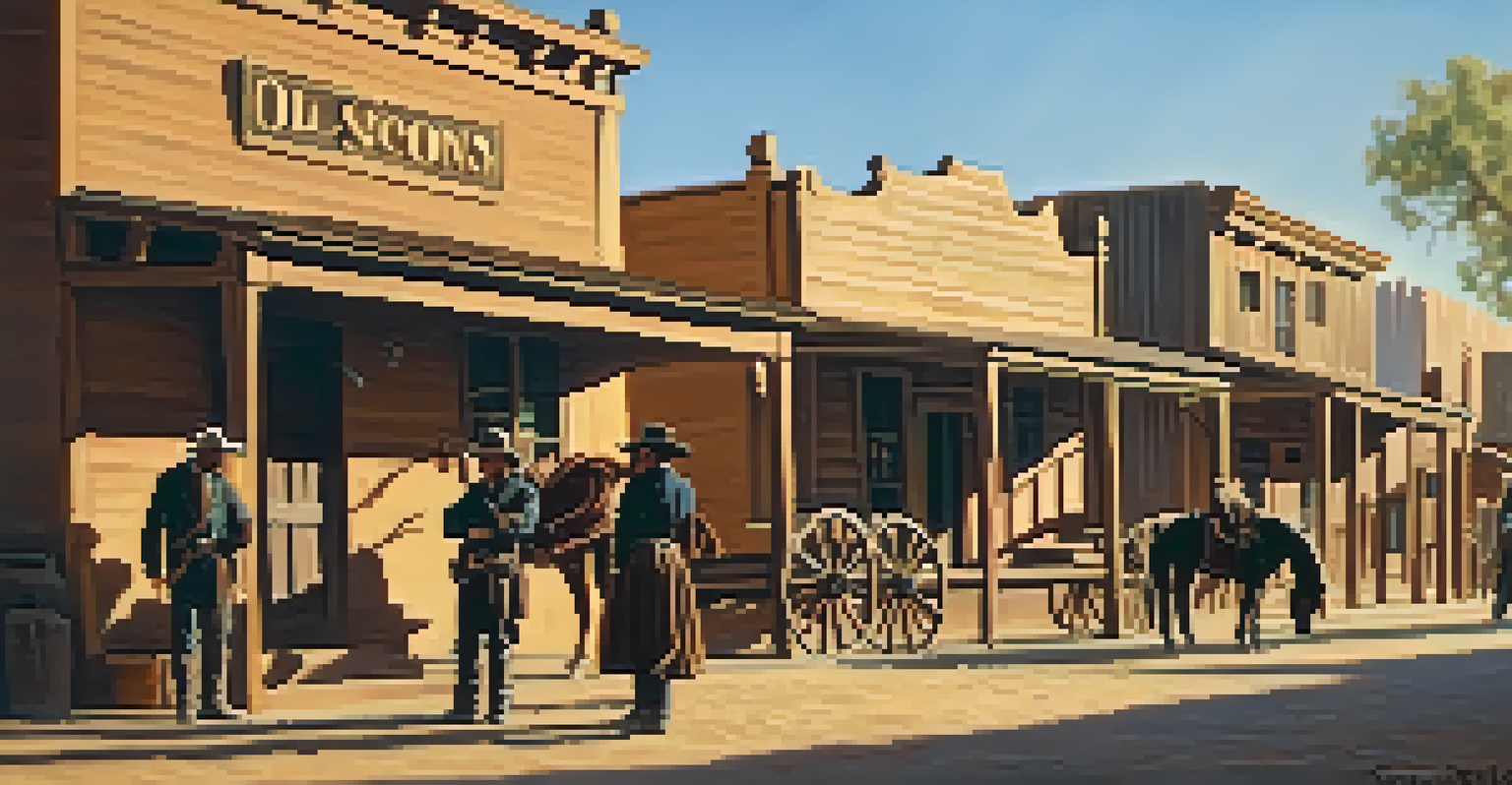 Old Tucson Studios with Western film set, dusty streets, and actors in period costumes during golden hour.