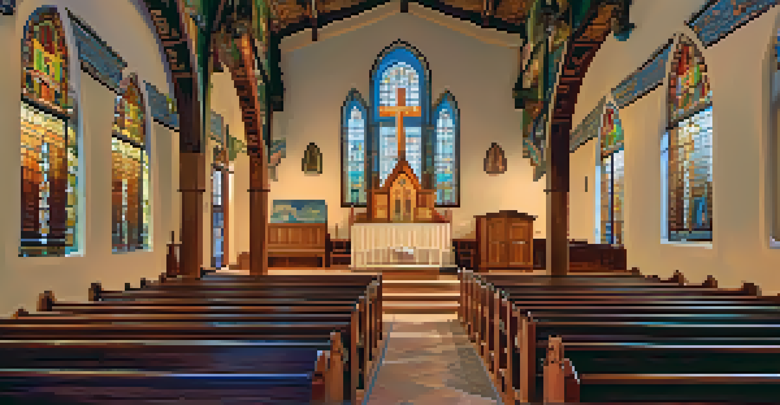 Interior view of a historic Tucson church with a painted ceiling and stained glass windows, showcasing colorful light patterns.