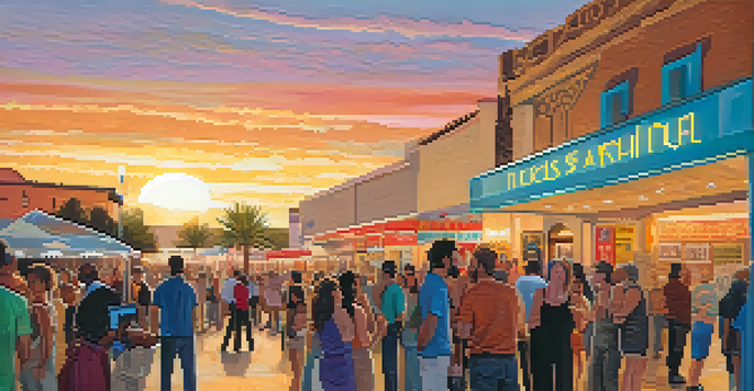 A vibrant outdoor scene at Tucson's film festival with diverse filmmakers and audience members interacting, colorful banners, and a sunset backdrop.