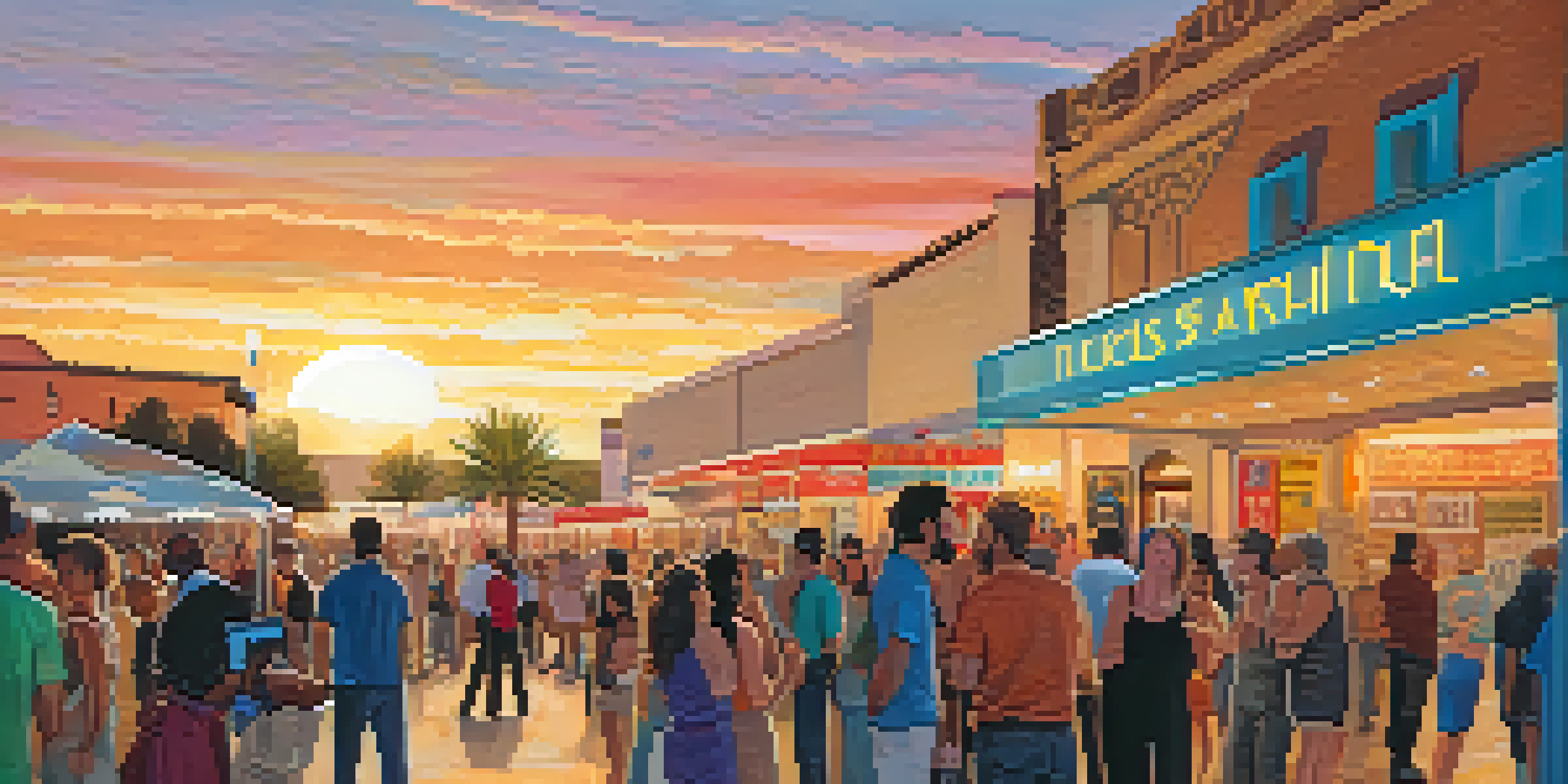 A vibrant outdoor scene at Tucson's film festival with diverse filmmakers and audience members interacting, colorful banners, and a sunset backdrop.