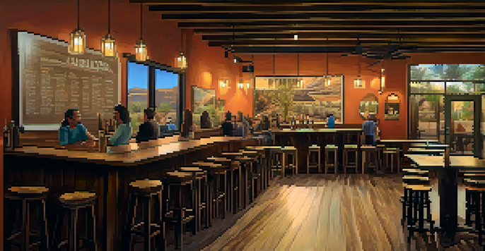 A lively taproom filled with people enjoying craft beer, featuring wooden barrels and warm lighting.