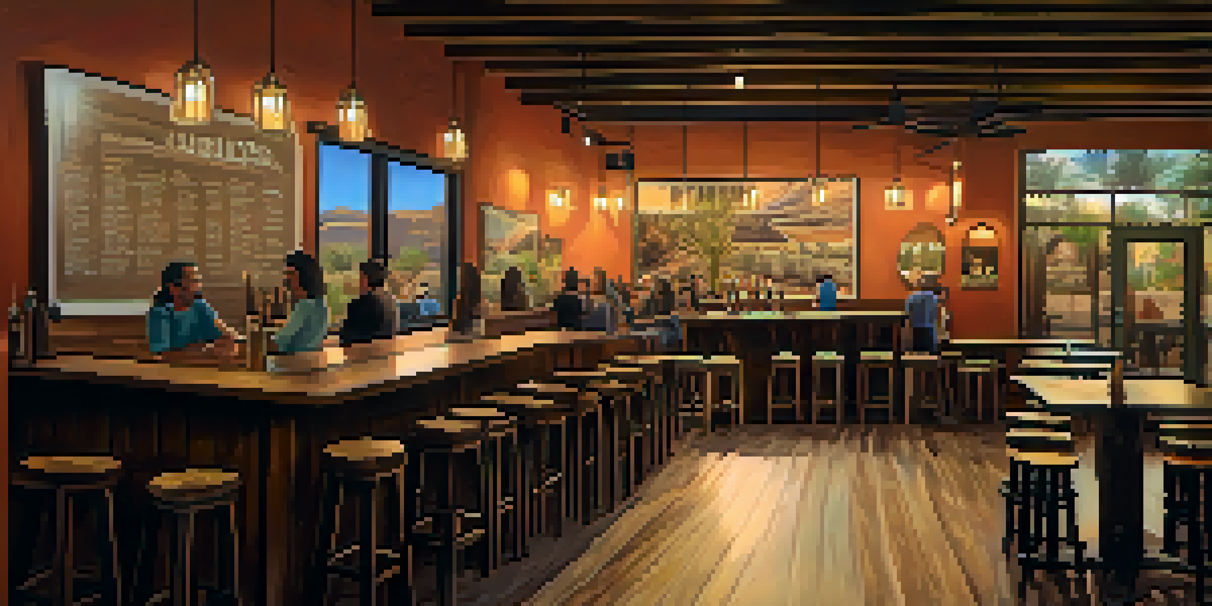 A lively taproom filled with people enjoying craft beer, featuring wooden barrels and warm lighting.