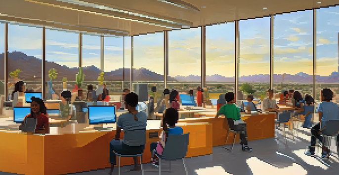 A modern library in Tucson with diverse groups of people participating in digital literacy programs, illuminated by a sunset.
