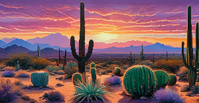 A stunning sunset over the Sonoran Desert with colorful skies and silhouettes of cacti.