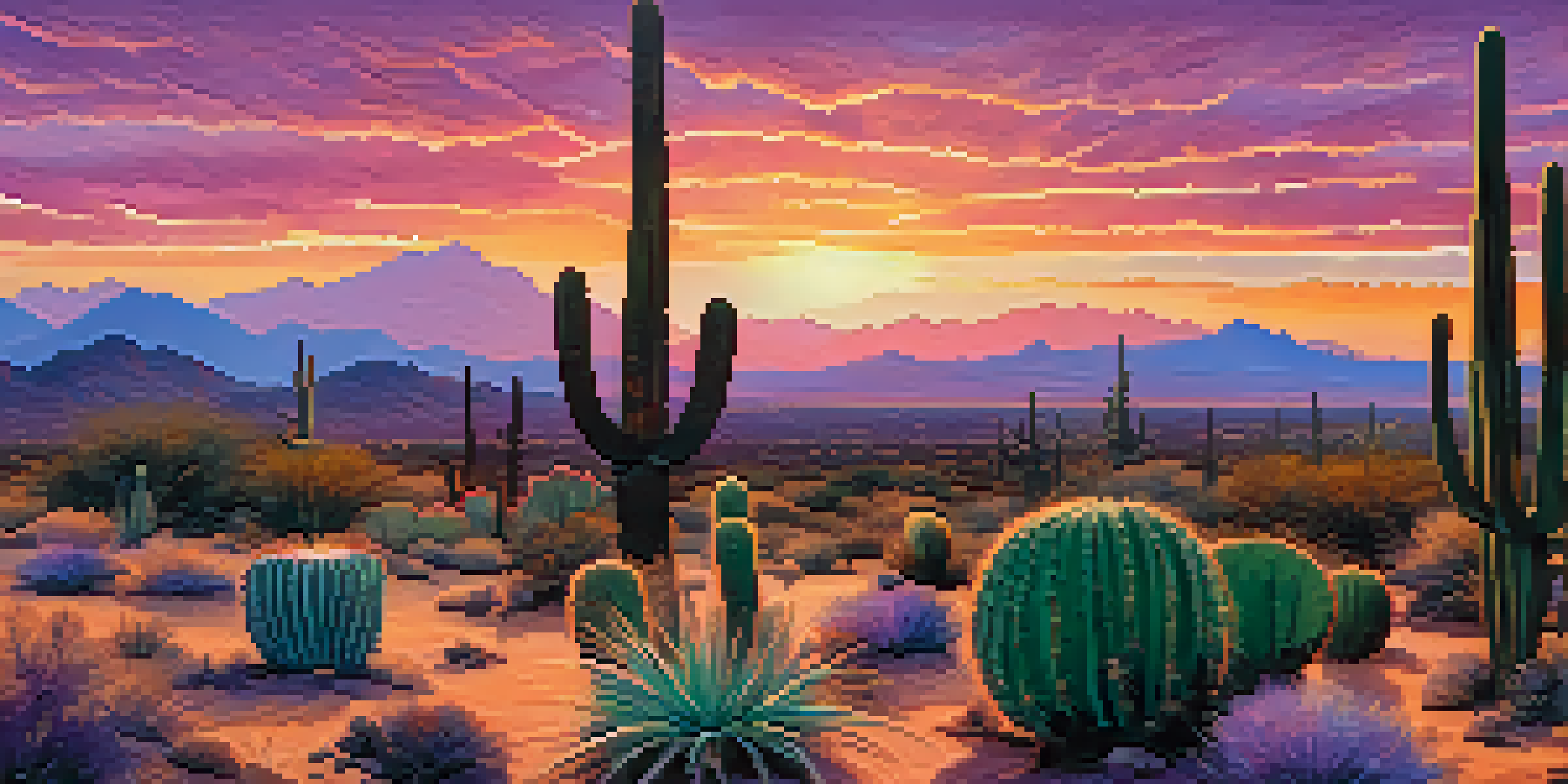 A stunning sunset over the Sonoran Desert with colorful skies and silhouettes of cacti.