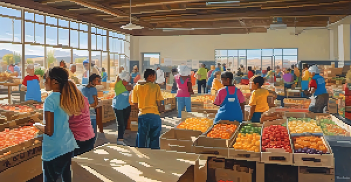 A group of diverse volunteers sorting food at a community food bank, with bright sunlight streaming through the windows.