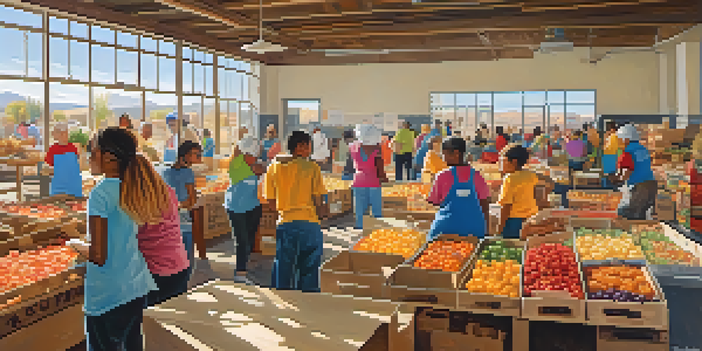 A group of diverse volunteers sorting food at a community food bank, with bright sunlight streaming through the windows.