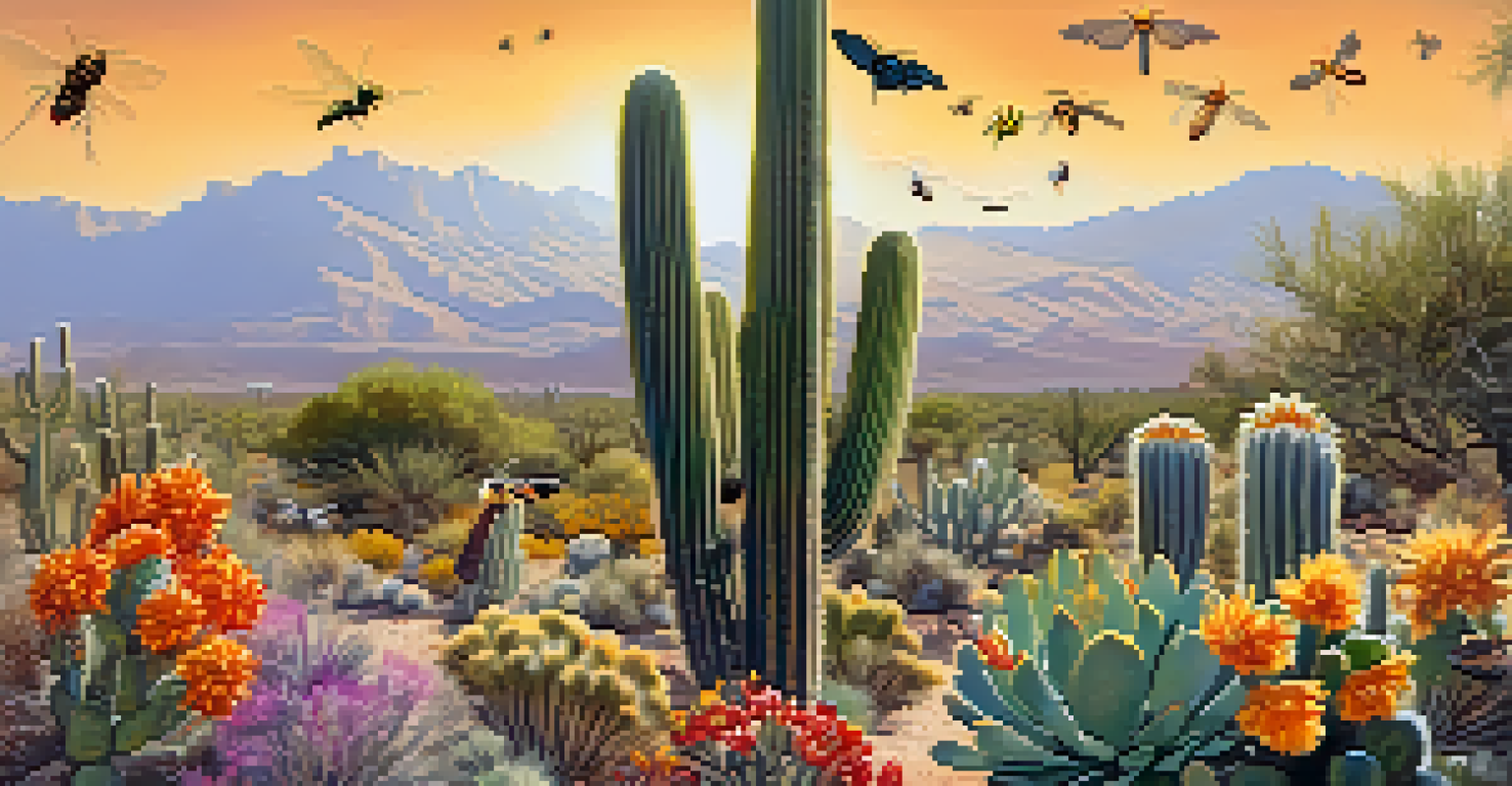 An illustration showing the relationship between desert plants like saguaro cactus and their pollinators, with close-ups of flowers and insects.