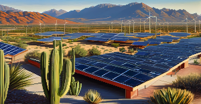 A panoramic view of Tucson with solar panels on rooftops and solar farms, surrounded by cacti and mountains under a bright sunny sky.