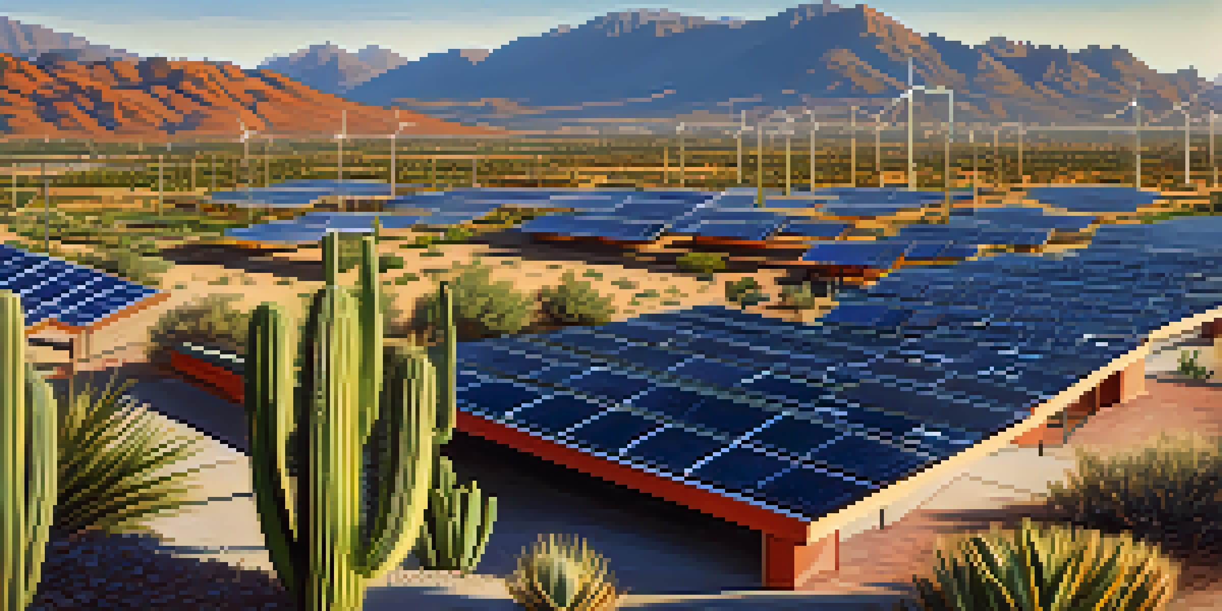 A panoramic view of Tucson with solar panels on rooftops and solar farms, surrounded by cacti and mountains under a bright sunny sky.