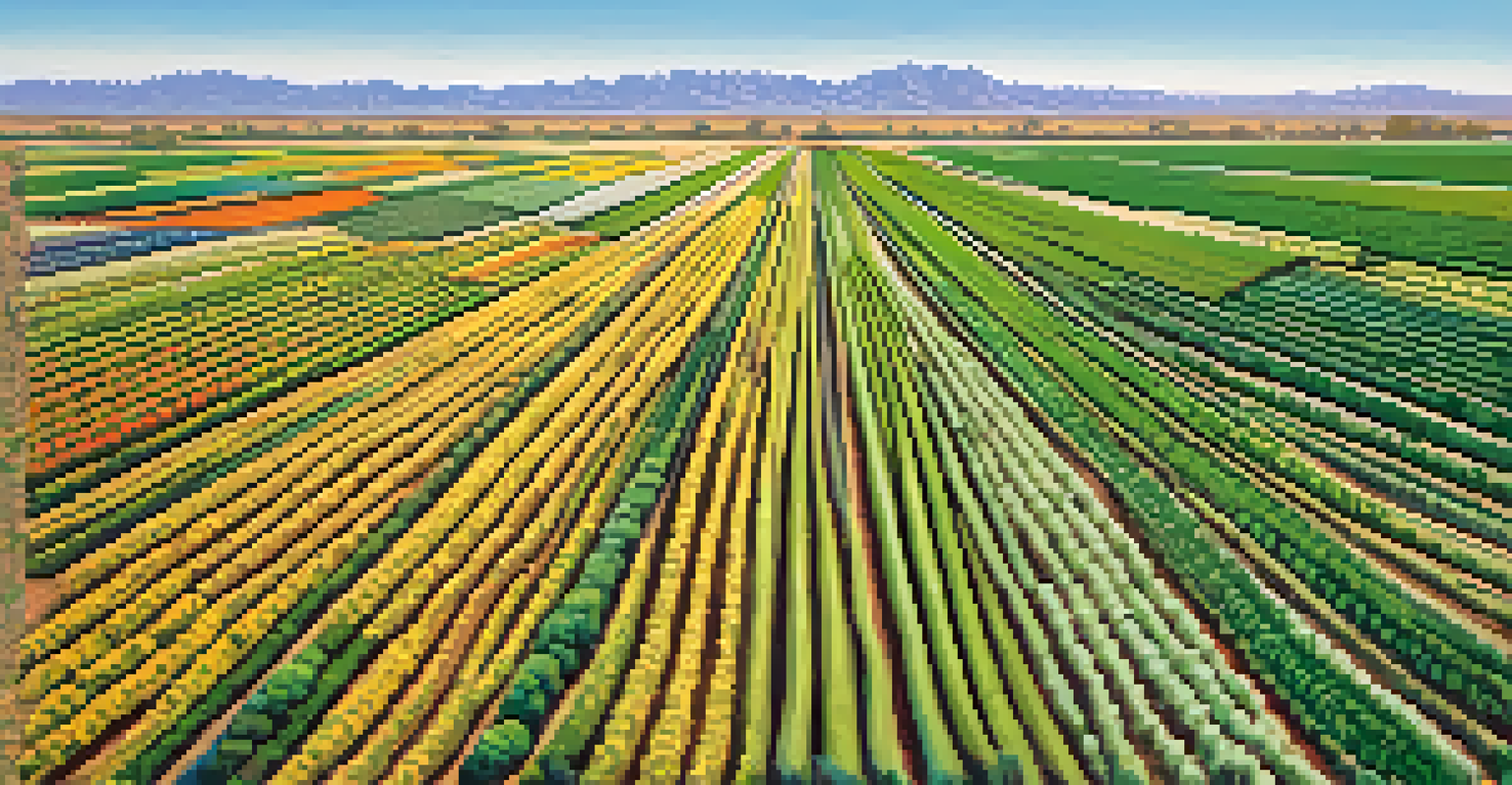 Aerial view of a diversified crop field in Tucson, showing rows of various crops against an arid desert backdrop and a clear blue sky.