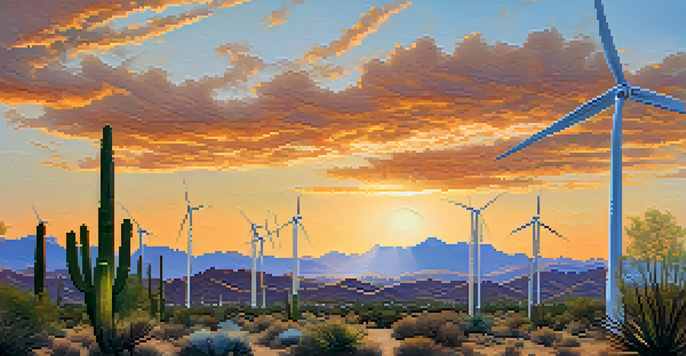 A panoramic view of Tucson's desert landscape with wind turbines and mountains in the background during sunset.